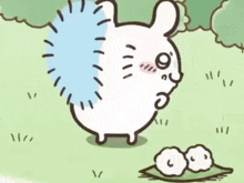 a cartoon rabbit is standing in the grass next to two sheep .