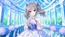 a girl in a wedding dress holds a bouquet of purple flowers