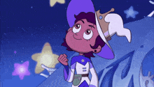 a cartoon girl wearing a purple hat and a crown is looking up at a star .