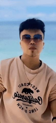 a man wearing sunglasses and a t-shirt that says 12a03 t83w