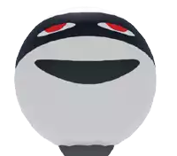 a black and white ball with red eyes and a smile on its face