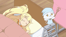 a cat is standing on a ladder next to a girl sleeping on a bed