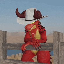 a red dragon wearing a white cowboy hat with horns