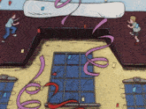 a cartoon drawing of two boys playing with ribbons and a whale
