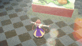 a girl in a purple and yellow dress stands on a checkered floor