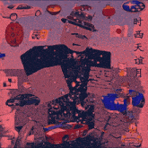 a drawing of a man with a red car that says 18 on the back