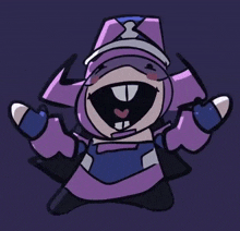 a cartoon character is wearing a purple and blue outfit and a hat .