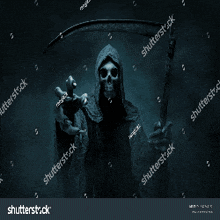 the grim reaper is holding a scythe and reaching out in the dark