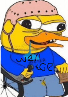 a cartoon duck wearing a blue shirt and a pink helmet is sitting in a wheelchair