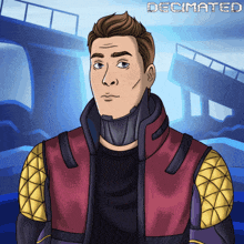 a cartoon of a man with the word decimated on the bottom right