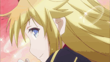a close up of a blonde anime character with a blue eye