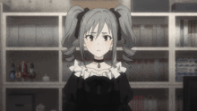 a girl with pigtails and a choker is standing in front of shelves