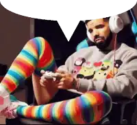 a man wearing headphones and rainbow striped tights is playing a video game