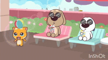a cartoon of a cat a dog and a cat sitting on lounge chairs with the word inshot at the bottom