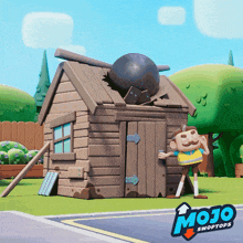 an advertisement for mojo swoptops has a cartoon character standing in front of a wooden house