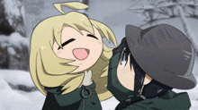 a couple of anime characters standing next to each other with one wearing a hat