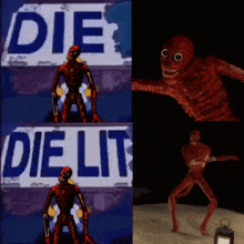a sign that says die lit on it with a red monster in front of it