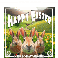 a picture of three rabbits with the words happy easter written above them