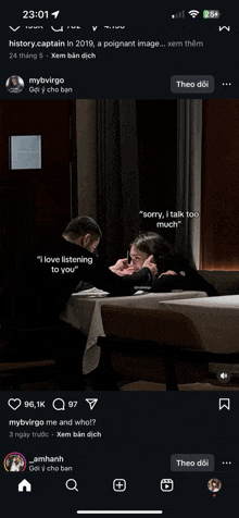 a phone screen shows a couple sitting at a table with a caption that says sorry i talk too much