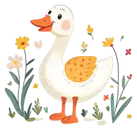 a white duck with orange feet is surrounded by flowers