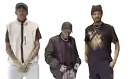 three men standing next to each other with one wearing a t-shirt that says ' i am a rapper '