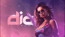 a woman wearing sunglasses stands in front of a purple background that says djev