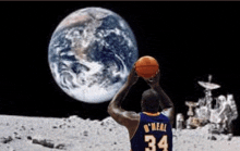 a basketball player named o'neal holds a basketball in front of the earth