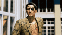 a man with a tattoo on his chest is wearing a snakeskin jacket