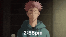 a man in a blue hoodie is standing in a dark room with his eyes closed and the time is 2:55 pm .
