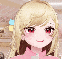 a close up of a blonde anime girl with red eyes and a pink shirt