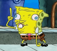 a cartoon character , spongebob squarepants , is standing on a sidewalk and pointing up .