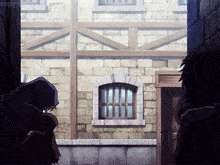 a man in a hood stands in front of a brick building with empty-d written on the bottom right corner