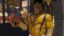 a man with a lion 's head is holding a cup of coffee