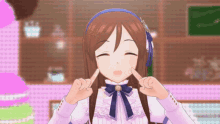 a girl with long brown hair is making a face with her fingers