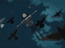 a cartoon of a person flying through the air with birds surrounding them
