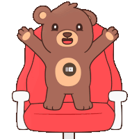 a teddy bear is sitting in a red chair with his arms outstretched