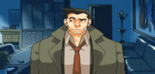 a man in a suit and tie is in a dark room