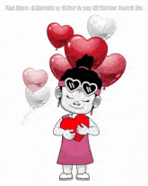 a cartoon of a girl holding a heart with balloons around her head