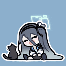a sticker of a girl sitting next to a black cat