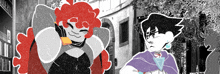 a black and white drawing of two cartoon characters