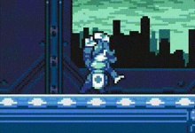 a pixel art of a person standing on a ledge in front of a city skyline .
