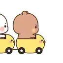 a cartoon of a teddy bear driving a yellow car with two chickens .