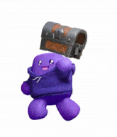 a purple cartoon character with a purple hoodie and a chest on his head