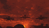a robot with red eyes and horns is surrounded by missiles