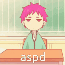 a cartoon character with pink hair is sitting at a desk with the word aspd written on it