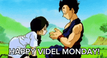 a cartoon of a man and a girl with the words happy videl monday