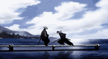 two samurai standing on a dock with swords