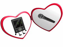 a heart shaped mirror with a microphone and an ipod