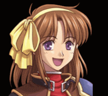 a girl with purple eyes and a yellow bow on her head