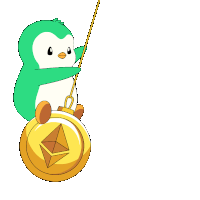 a green penguin is hanging from a gold coin with an ethereum logo on it